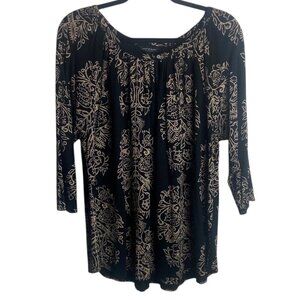 Lucky Brand Size 2X Black Tan Floral Blouse Top Prairie Boho Neutral Scoop Neck